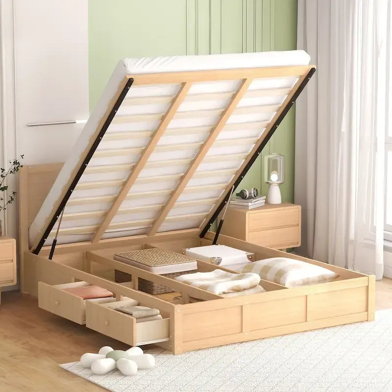 Queen Platform Bed – Pine Wood & MDF, 2 Drawers, Under-Bed Storage, 10 Slats, 600 lbs Capacity - Image 2
