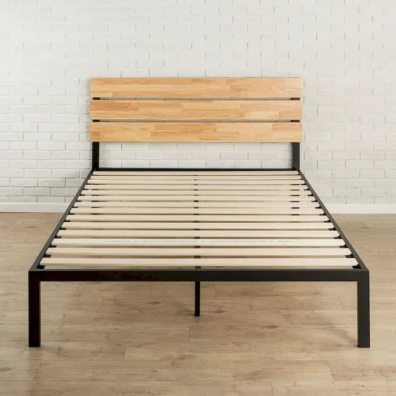 King Platform Bed Frame - Metal & Wood Headboard, Wood Slats, Low Profile, 80.5L x 76.8W - Image 2