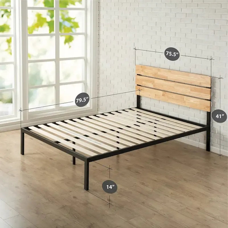 King Platform Bed Frame - Metal & Wood Headboard, Wood Slats, Low Profile, 80.5L x 76.8W - Image 3