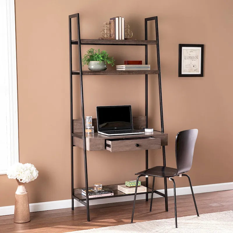 Ladder Desk – Gray Wood, 3 Shelves, 1 Drawer, Wireless Charger, Industrial, 28W x 64H - Image 2