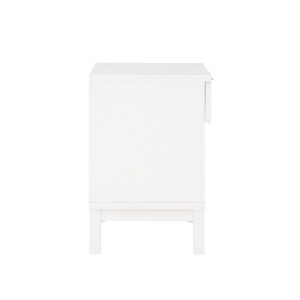 Nightstand – White, Cane Inset Drawer, Gold Pull, Open Shelf, 21W x 20.6H, Coastal Style