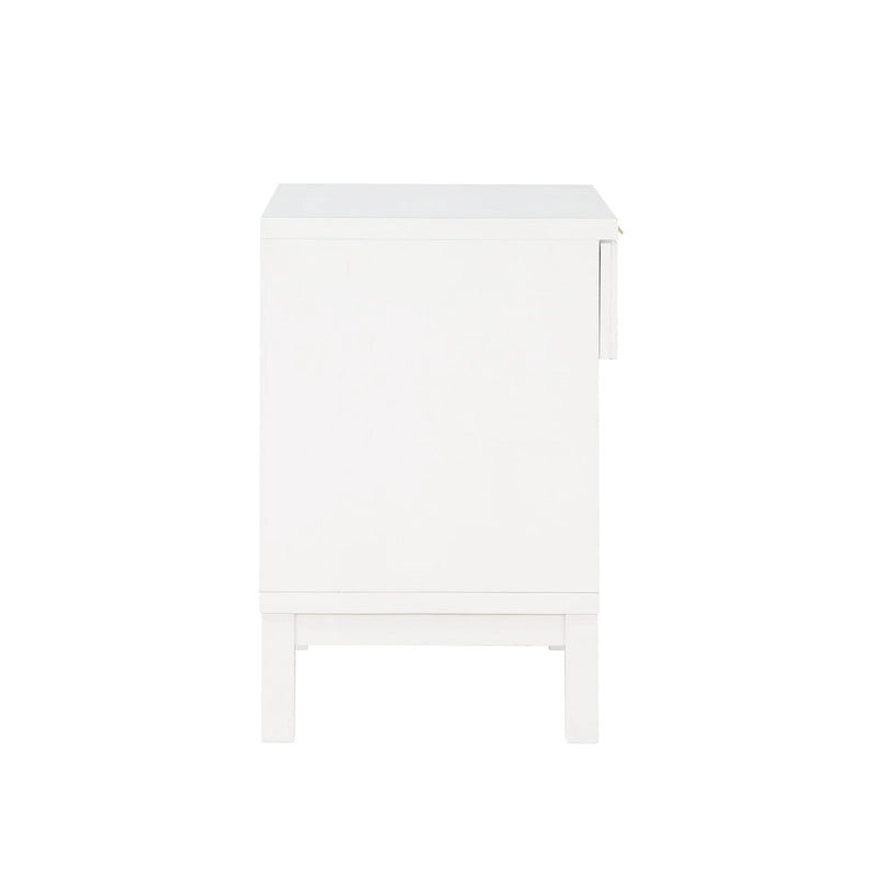 Nightstand – White, Cane Inset Drawer, Gold Pull, Open Shelf, 21W x 20.6H, Coastal Style