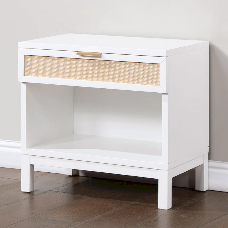 Nightstand – White, Cane Inset Drawer, Gold Pull, Open Shelf, 21W x 20.6H, Coastal Style - Image 3