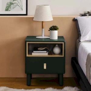 Nightstand – MDF & Solid Wood, 1 Drawer, Open Shelf, Leather Handles, 16.1W x 18.4H, Modern
