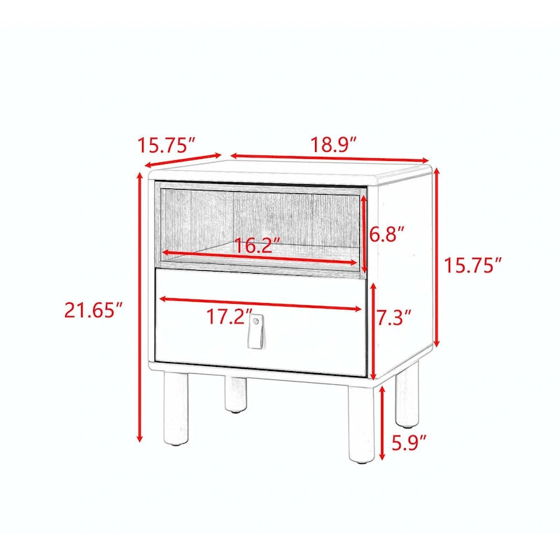 Nightstand – MDF & Solid Wood, 1 Drawer, Open Shelf, Leather Handles, 16.1W x 18.4H, Modern - Image 11