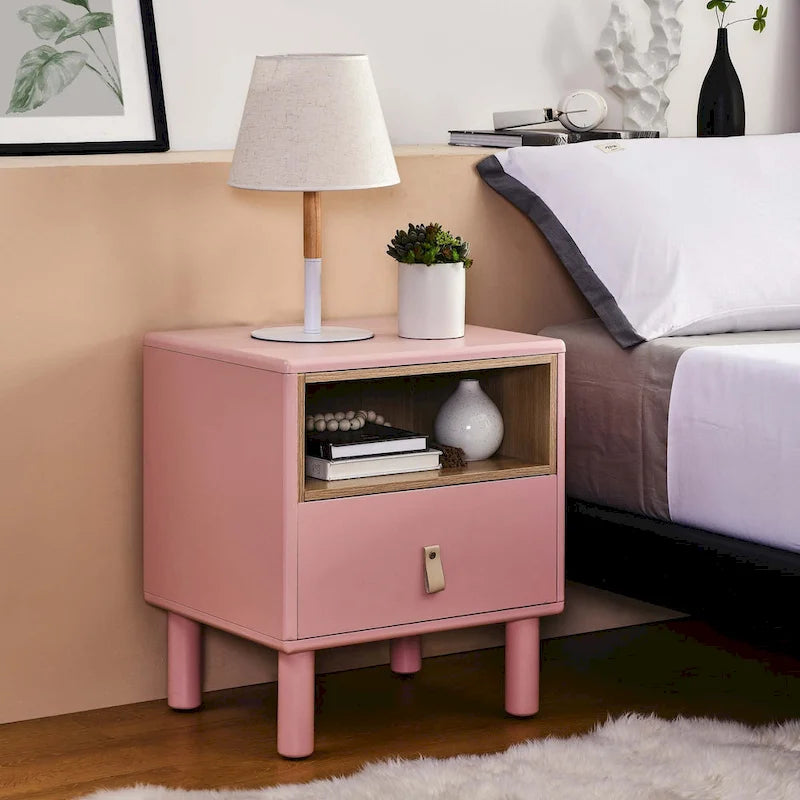 Nightstand – MDF & Solid Wood, 1 Drawer, Open Shelf, Leather Handles, 16.1W x 18.4H, Modern - Image 12