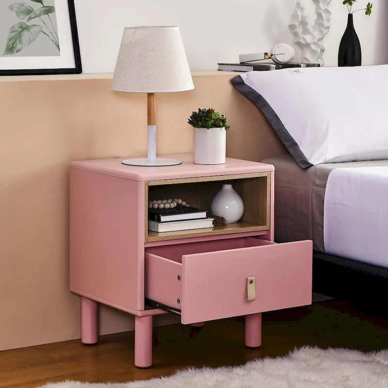Nightstand – MDF & Solid Wood, 1 Drawer, Open Shelf, Leather Handles, 16.1W x 18.4H, Modern - Image 13