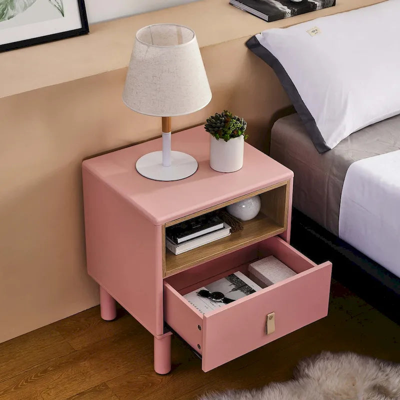 Nightstand – MDF & Solid Wood, 1 Drawer, Open Shelf, Leather Handles, 16.1W x 18.4H, Modern - Image 14