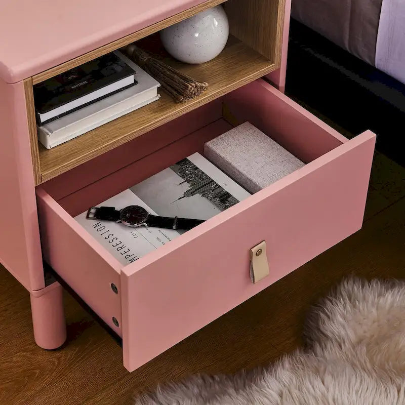 Nightstand – MDF & Solid Wood, 1 Drawer, Open Shelf, Leather Handles, 16.1W x 18.4H, Modern - Image 17