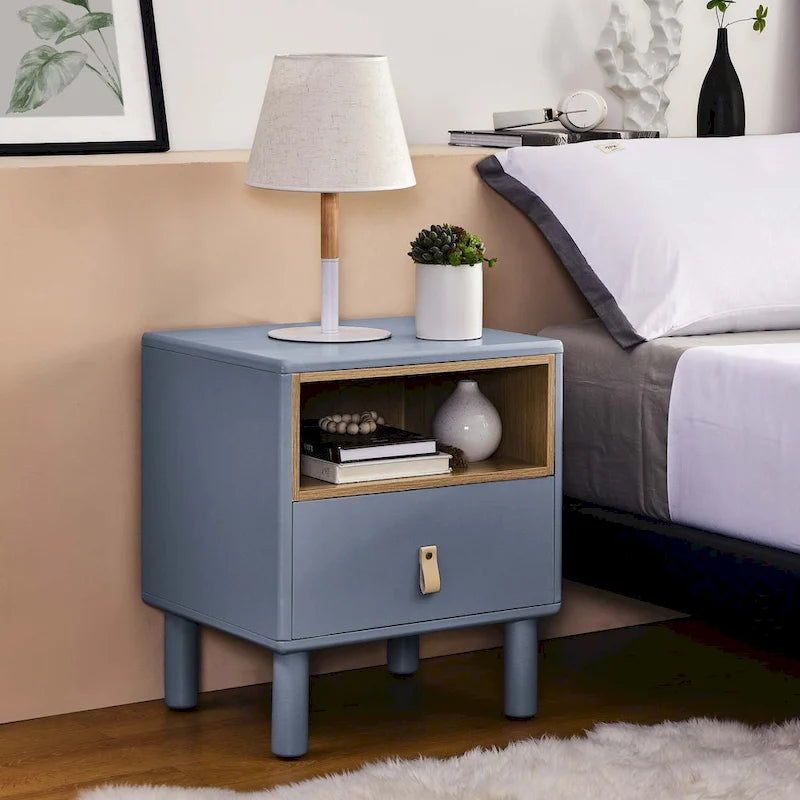 Nightstand – MDF & Solid Wood, 1 Drawer, Open Shelf, Leather Handles, 16.1W x 18.4H, Modern - Image 19