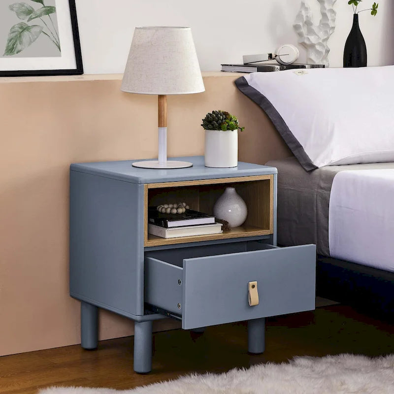 Nightstand – MDF & Solid Wood, 1 Drawer, Open Shelf, Leather Handles, 16.1W x 18.4H, Modern - Image 20