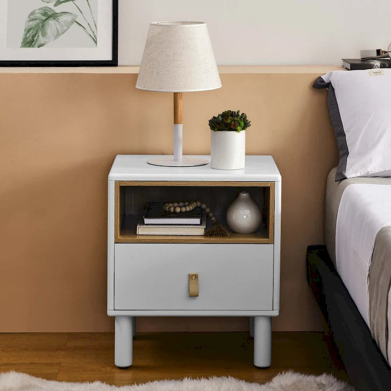 Nightstand – MDF & Solid Wood, 1 Drawer, Open Shelf, Leather Handles, 16.1W x 18.4H, Modern - Image 3