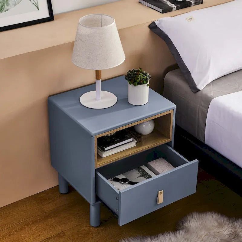 Nightstand – MDF & Solid Wood, 1 Drawer, Open Shelf, Leather Handles, 16.1W x 18.4H, Modern - Image 21
