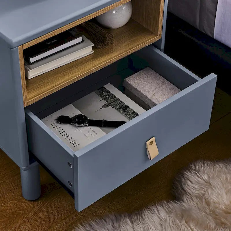 Nightstand – MDF & Solid Wood, 1 Drawer, Open Shelf, Leather Handles, 16.1W x 18.4H, Modern - Image 22