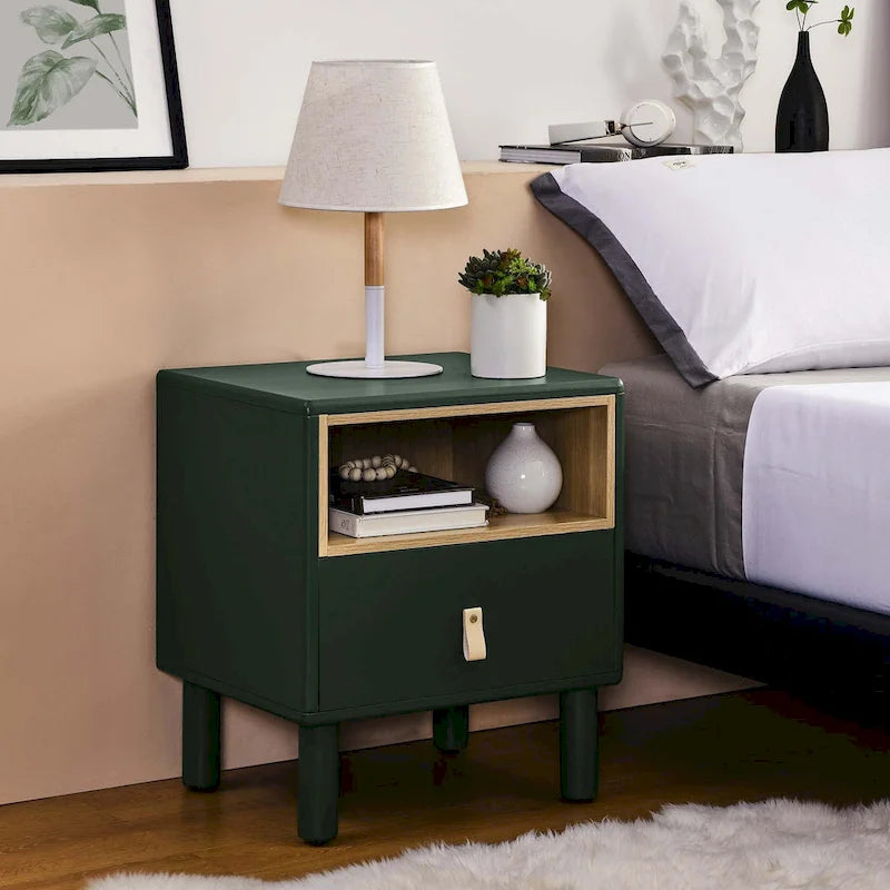 Nightstand – MDF & Solid Wood, 1 Drawer, Open Shelf, Leather Handles, 16.1W x 18.4H, Modern - Image 26