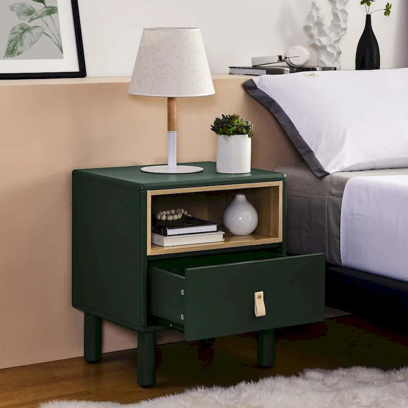 Nightstand – MDF & Solid Wood, 1 Drawer, Open Shelf, Leather Handles, 16.1W x 18.4H, Modern - Image 27