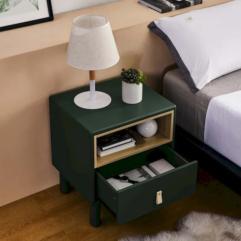 Nightstand – MDF & Solid Wood, 1 Drawer, Open Shelf, Leather Handles, 16.1W x 18.4H, Modern - Image 28
