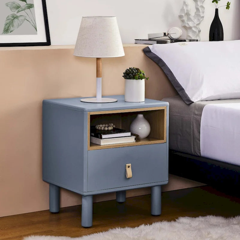 Nightstand – MDF & Solid Wood, 1 Drawer, Open Shelf, Leather Handles, 16.1W x 18.4H, Modern - Image 4
