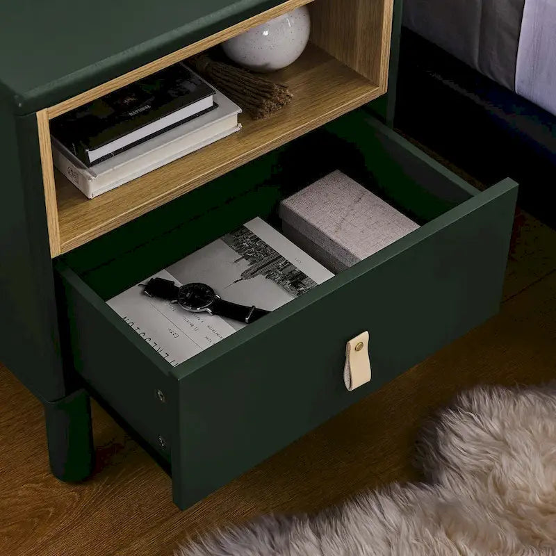 Nightstand – MDF & Solid Wood, 1 Drawer, Open Shelf, Leather Handles, 16.1W x 18.4H, Modern - Image 31