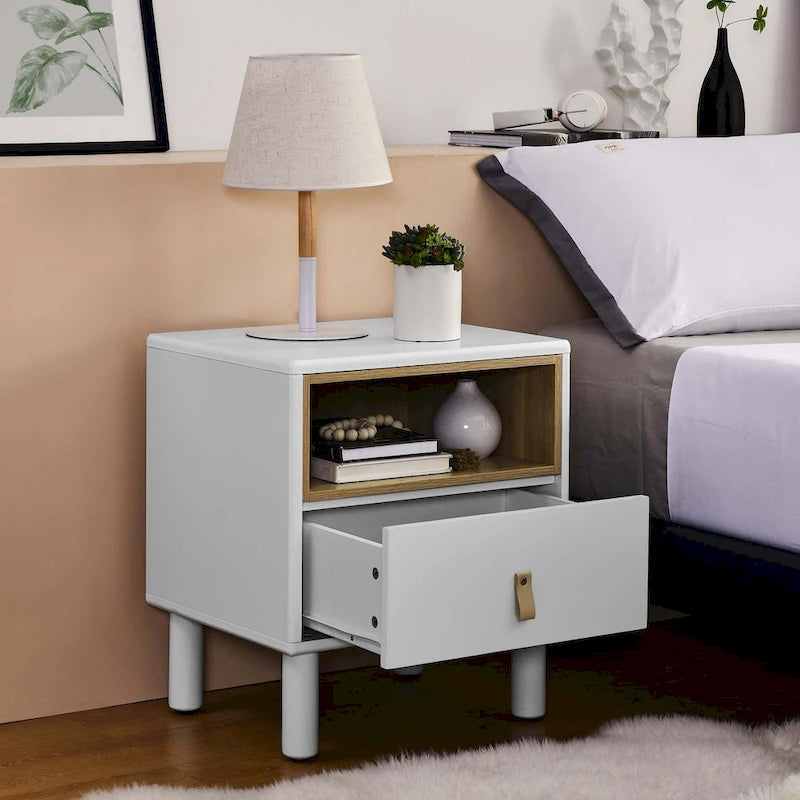Nightstand – MDF & Solid Wood, 1 Drawer, Open Shelf, Leather Handles, 16.1W x 18.4H, Modern - Image 33