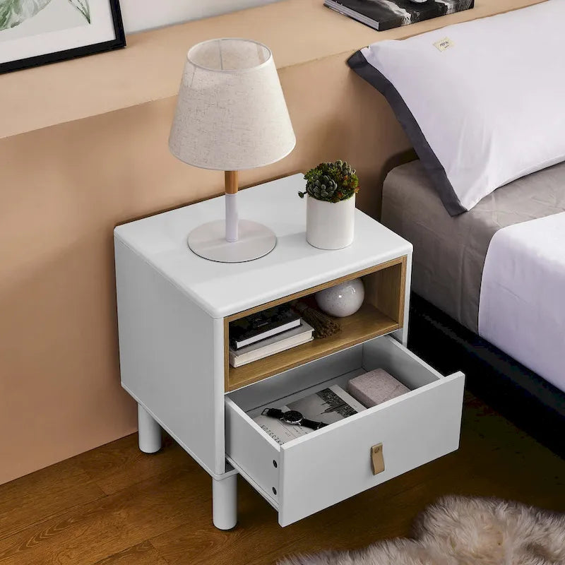 Nightstand – MDF & Solid Wood, 1 Drawer, Open Shelf, Leather Handles, 16.1W x 18.4H, Modern - Image 34