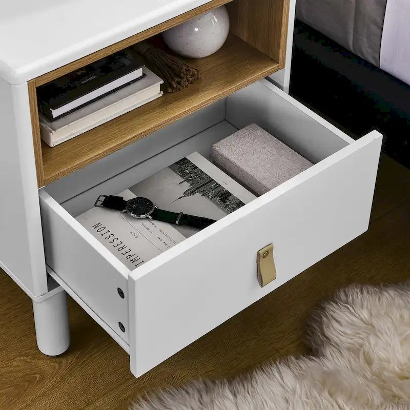 Nightstand – MDF & Solid Wood, 1 Drawer, Open Shelf, Leather Handles, 16.1W x 18.4H, Modern - Image 37