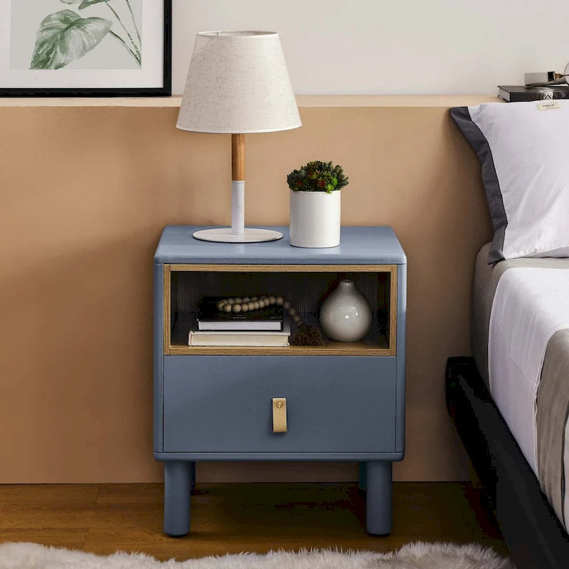 Nightstand – MDF & Solid Wood, 1 Drawer, Open Shelf, Leather Handles, 16.1W x 18.4H, Modern - Image 5