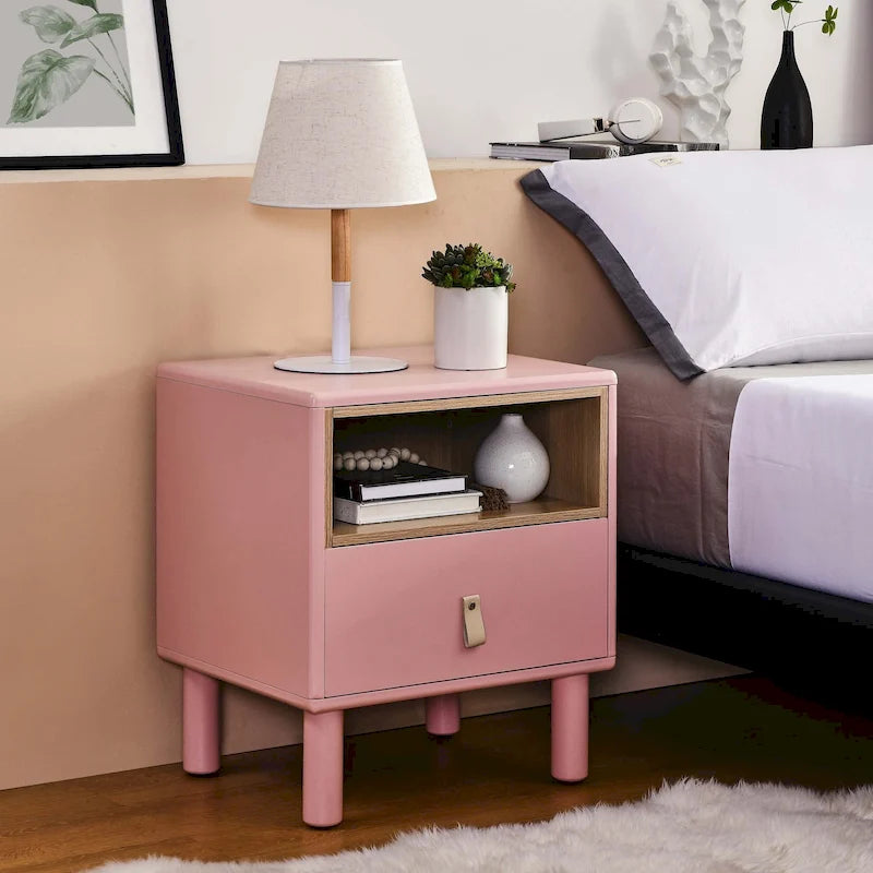 Nightstand – MDF & Solid Wood, 1 Drawer, Open Shelf, Leather Handles, 16.1W x 18.4H, Modern - Image 6