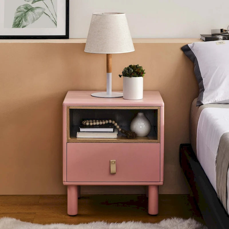 Nightstand – MDF & Solid Wood, 1 Drawer, Open Shelf, Leather Handles, 16.1W x 18.4H, Modern - Image 7