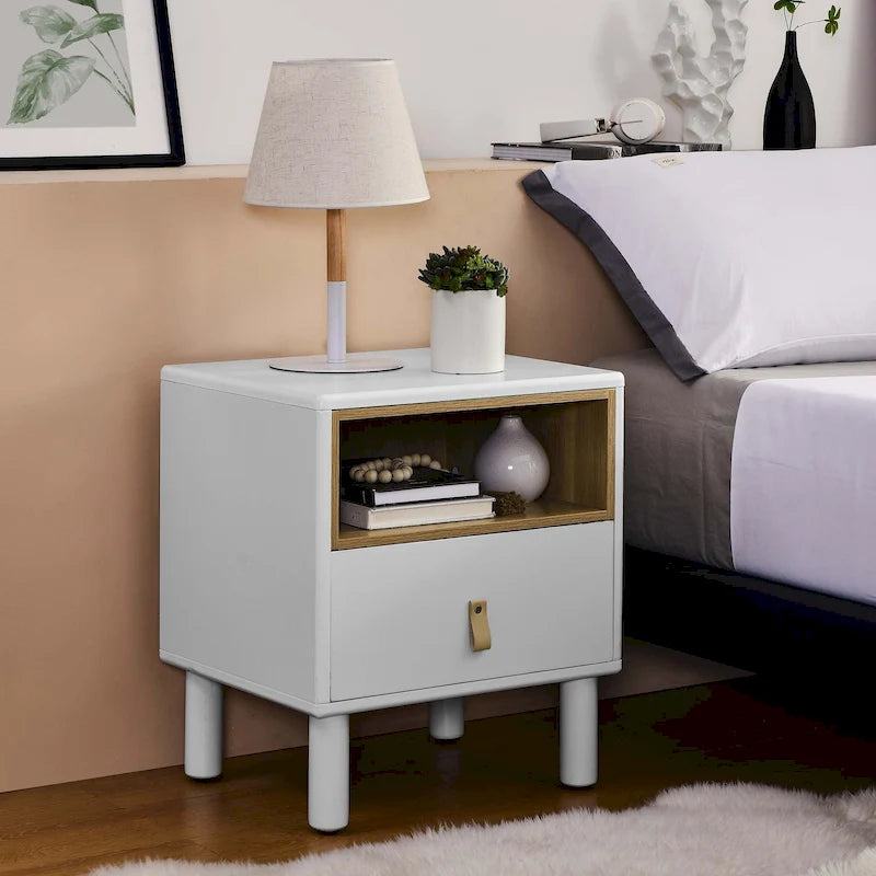 Nightstand – MDF & Solid Wood, 1 Drawer, Open Shelf, Leather Handles, 16.1W x 18.4H, Modern - Image 8