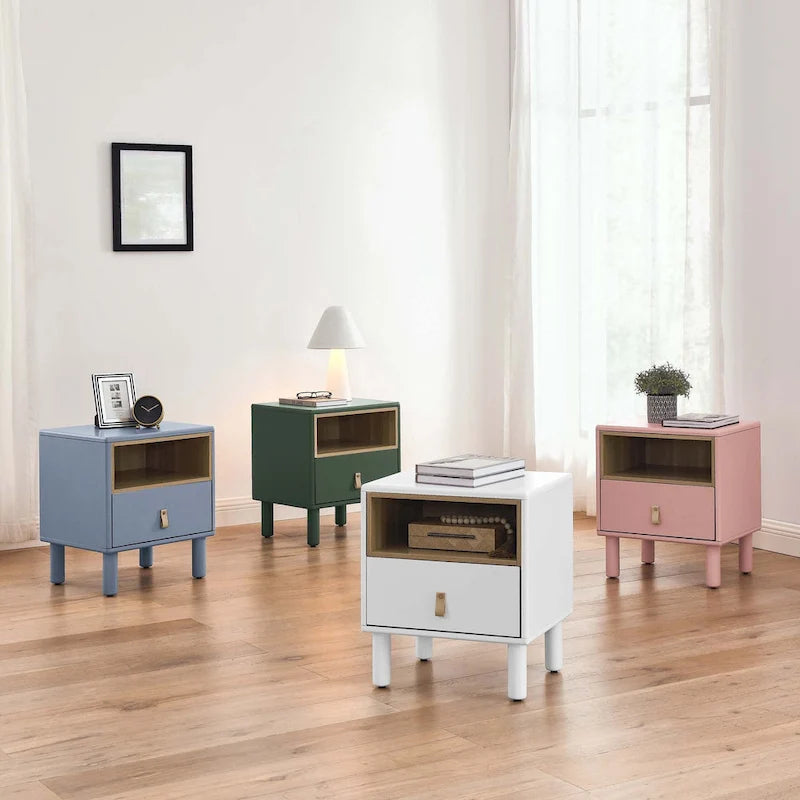 Nightstand – MDF & Solid Wood, 1 Drawer, Open Shelf, Leather Handles, 16.1W x 18.4H, Modern - Image 9