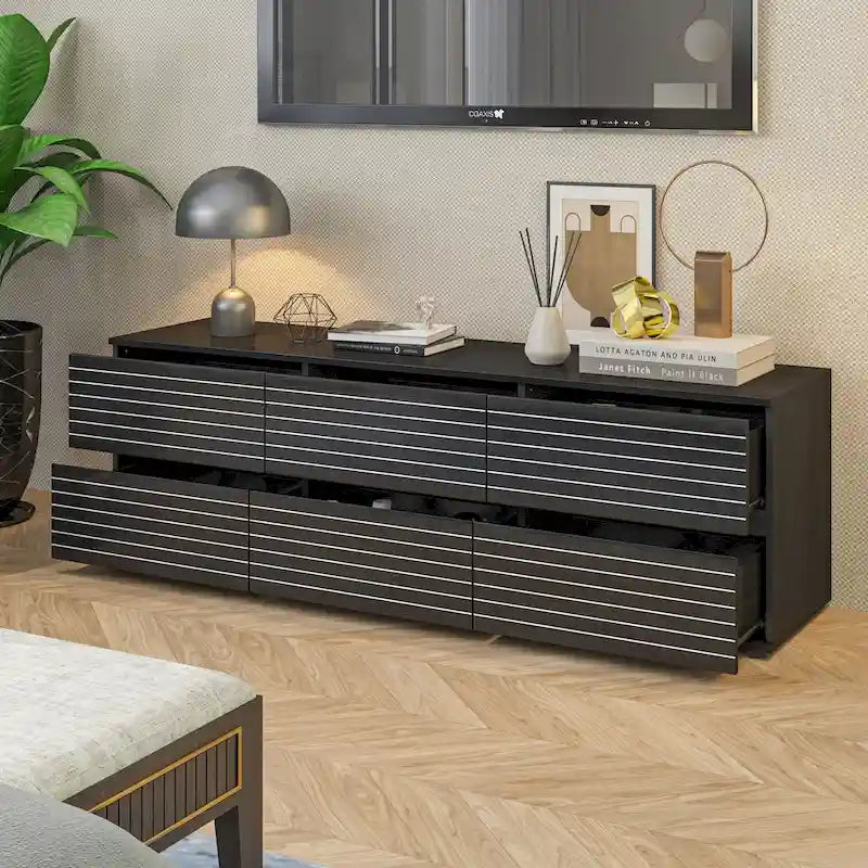 Low Profile Dresser/TV Stand - Black & White, 6 Drawers, 63W x 19.7H, Multi-Functional - Image 2