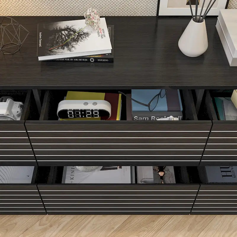 Low Profile Dresser/TV Stand - Black & White, 6 Drawers, 63W x 19.7H, Multi-Functional - Image 3