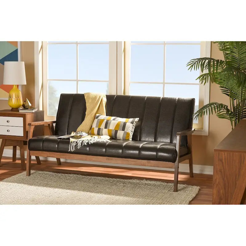 Mid-Century Modern Sofa – Dark Brown Faux Leather, Rubberwood Frame, 3-Seater, 54.4W x 27.1H