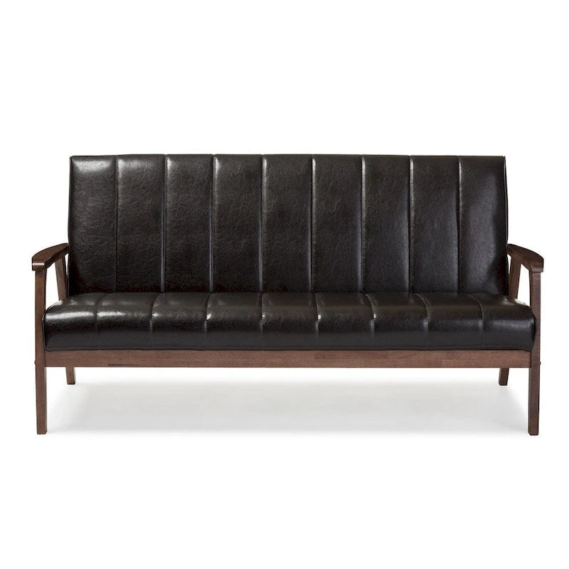Mid-Century Modern Sofa – Dark Brown Faux Leather, Rubberwood Frame, 3-Seater, 54.4W x 27.1H - Image 2