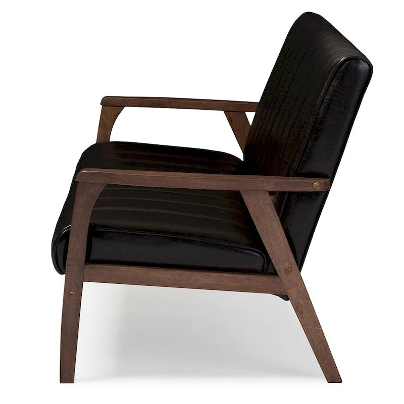 Mid-Century Modern Sofa – Dark Brown Faux Leather, Rubberwood Frame, 3-Seater, 54.4W x 27.1H - Image 3