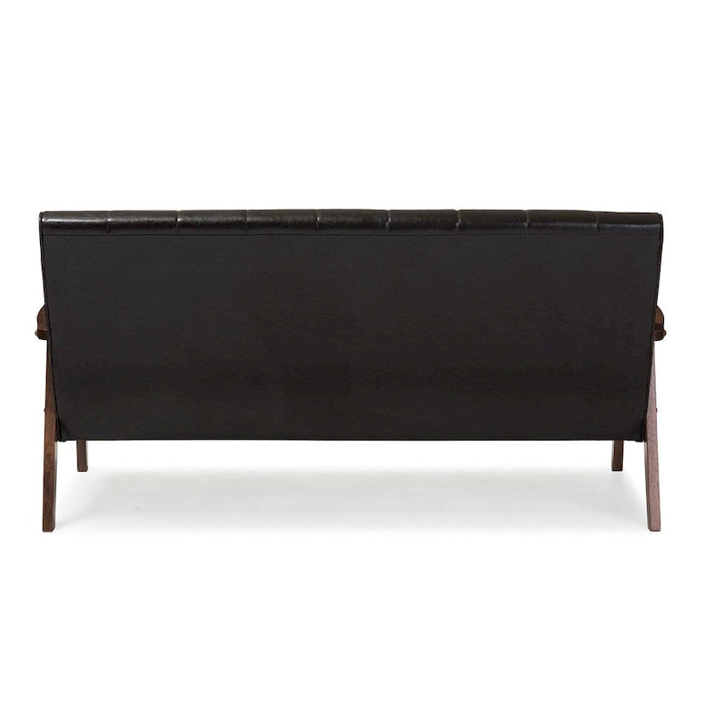 Mid-Century Modern Sofa – Dark Brown Faux Leather, Rubberwood Frame, 3-Seater, 54.4W x 27.1H - Image 4