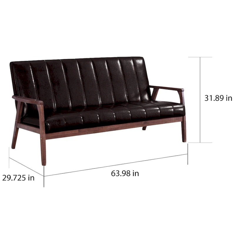 Mid-Century Modern Sofa – Dark Brown Faux Leather, Rubberwood Frame, 3-Seater, 54.4W x 27.1H - Image 5