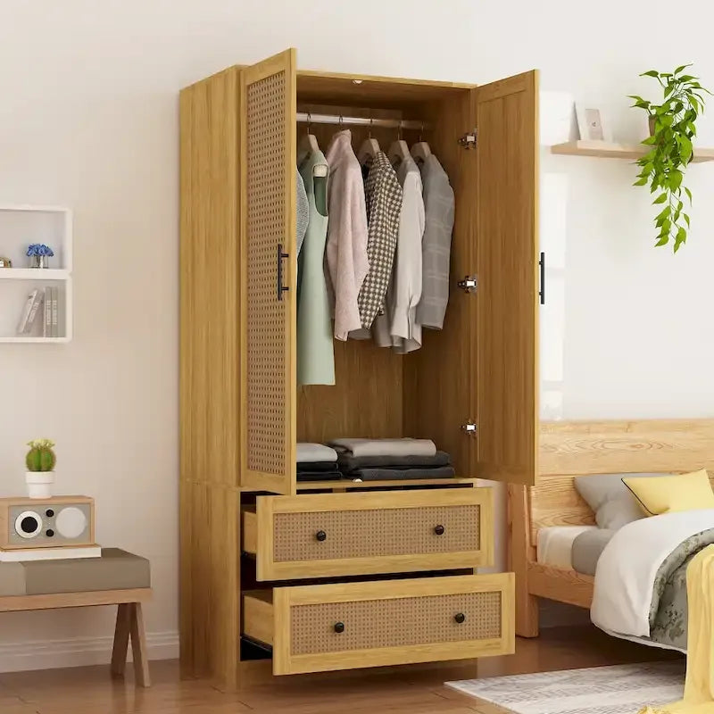 Wood Wardrobe – 2 Doors, 2 Drawers, Hanging Rod, 26.7W x 60.3H, Storage Organizer - Image 2