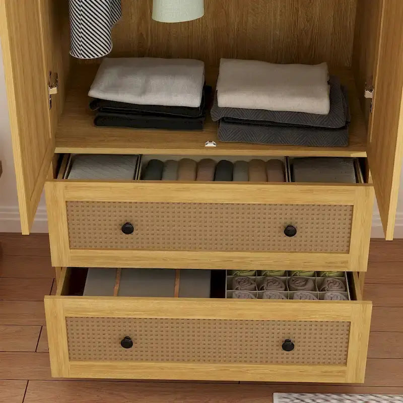 Wood Wardrobe – 2 Doors, 2 Drawers, Hanging Rod, 26.7W x 60.3H, Storage Organizer - Image 11