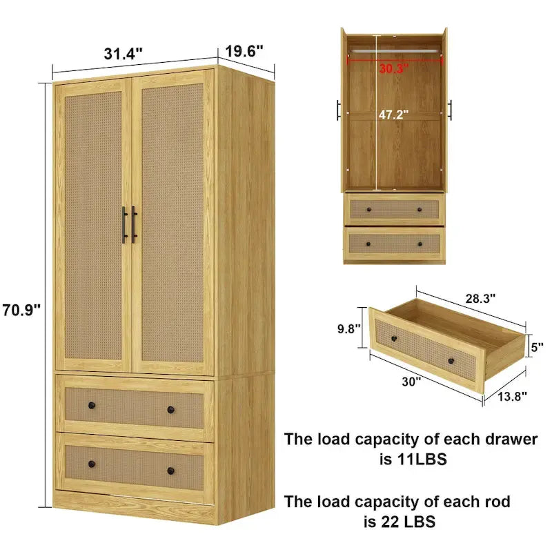 Wood Wardrobe – 2 Doors, 2 Drawers, Hanging Rod, 26.7W x 60.3H, Storage Organizer - Image 3