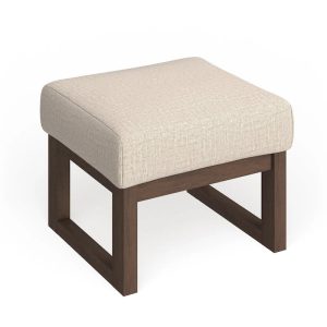 Mid-Century Ottoman Stool – Light Beige Upholstery, Walnut Wood Frame, 18.1W x 14.1H