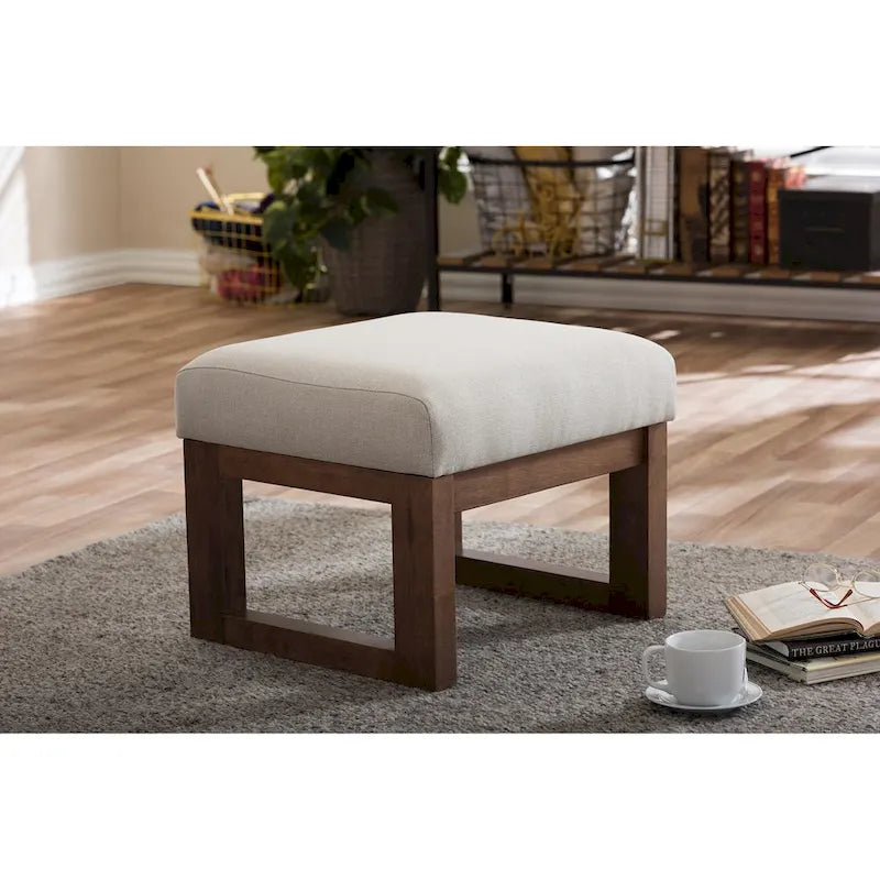 Mid-Century Ottoman Stool – Light Beige Upholstery, Walnut Wood Frame, 18.1W x 14.1H - Image 2