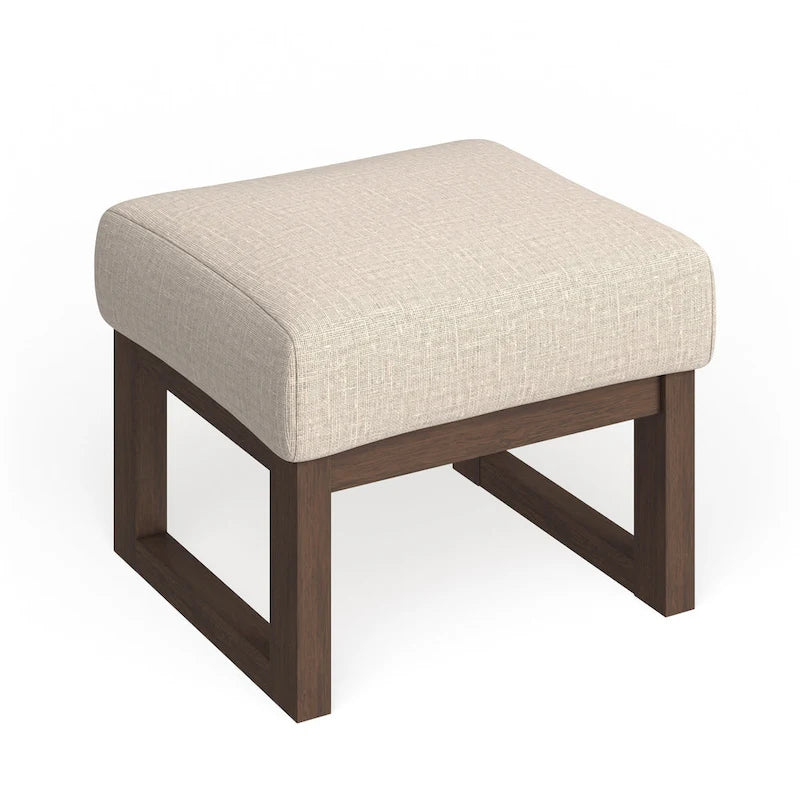 Mid-Century Ottoman Stool – Light Beige Upholstery, Walnut Wood Frame, 18.1W x 14.1H - Image 5