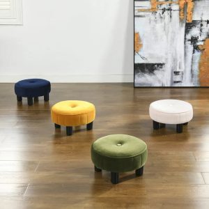 Round Footstool Ottoman – 16 Diameter, Vertical Tufted, Black Legs, Mid-Century Modern, 200 lbs