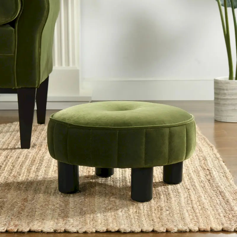 Round Footstool Ottoman – 16 Diameter, Vertical Tufted, Black Legs, Mid-Century Modern, 200 lbs - Image 4