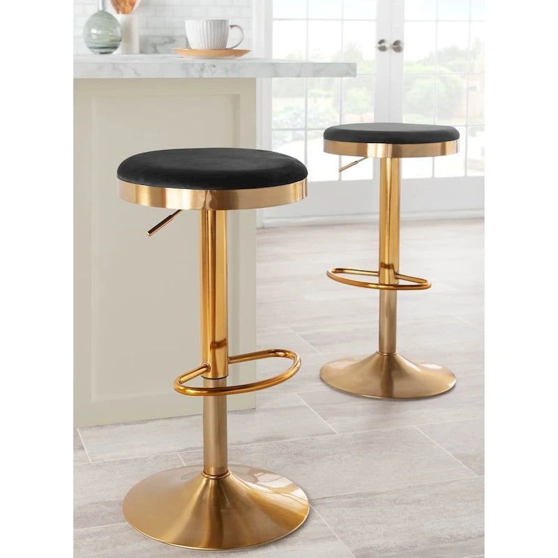Gold Steel Barstool with Upholstered Seat – Set of 2 – Adjustable Height 23-31.75H
