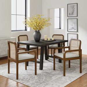 Modern Rattan Back Dining Chair with Removable Cushion – Rubber Wood Frame, Linen Upholstery