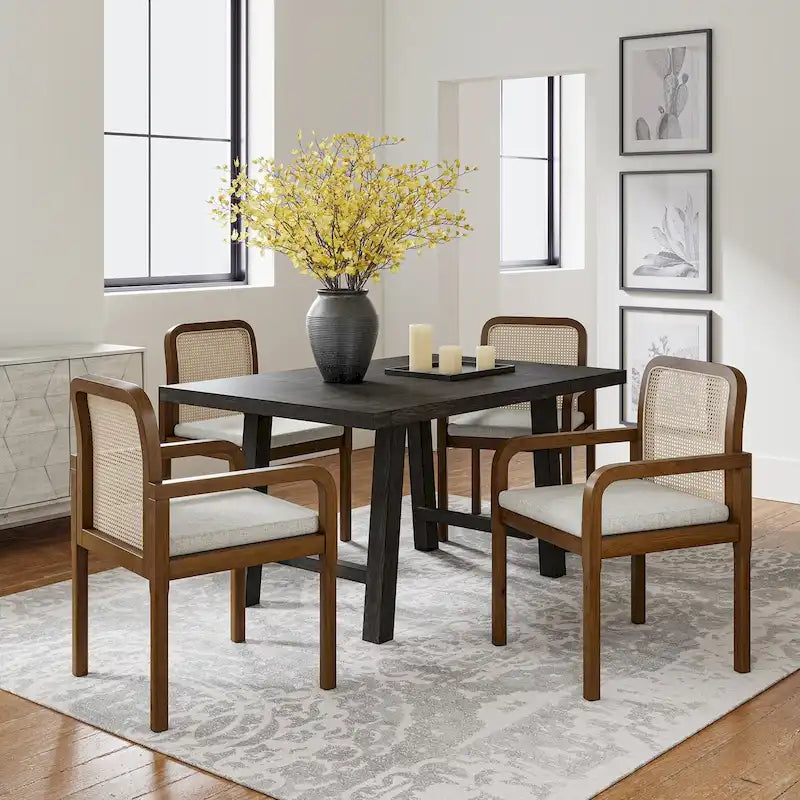 Modern Rattan Back Dining Chair with Removable Cushion – Rubber Wood Frame, Linen Upholstery - Image 2