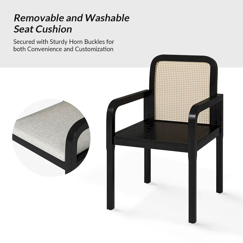 Modern Rattan Back Dining Chair with Removable Cushion – Rubber Wood Frame, Linen Upholstery - Image 21